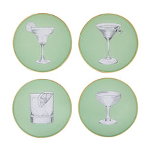 Load image into Gallery viewer, A set of four artisanal, decorative glass coasters, each with a black and white cocktail illustration on a pale sage green background finished with an 18kt gold leaf edging