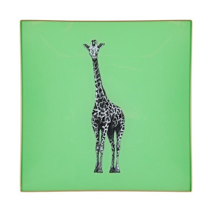 An artisanal, decorative glass valet tray with a giraffe illustration on a mid green background finished with an 18kt gold leaf edging