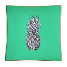 Load image into Gallery viewer, An artisanal, decorative glass valet tray with a pineapple illustration on a mint green background finished with an 18kt gold leaf edging