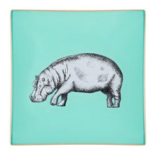 Load image into Gallery viewer, A decorative glass tray with a hippo illustration and aqua background finished with an 18kt gold leaf edging