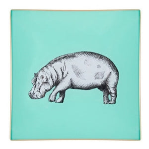 A decorative glass tray with a hippo illustration and aqua background finished with an 18kt gold leaf edging