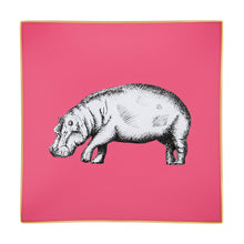 Load image into Gallery viewer, An artisanal, decorative glass valet tray with a hippo illustration on a raspberry pink background finished with an 18kt gold leaf edging