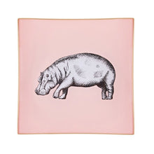 Load image into Gallery viewer, A decorative glass tray with a hippo illustration on a blush pink background finished with an 18kt gold leaf edging