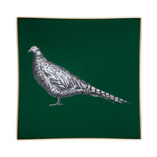 Load image into Gallery viewer, An artisanal, decorative glass valet tray with a pheasant illustration on a dark green background finished with an 18kt gold leaf edging
