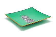 Load image into Gallery viewer, An artisanal, decorative glass valet tray with a pineapple illustration on a mint green background finished with an 18kt gold leaf edging