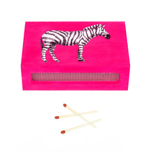 Load image into Gallery viewer, A wooden hand-painted matchbox holder in neon pink with a black and white illustration of a zebra decoupaged on top