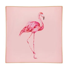 Load image into Gallery viewer, A decorative glass tray with a flamingo illustration on a blush pink background finished with an 18kt gold leaf edging
