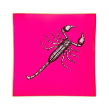 Load image into Gallery viewer, An artisanal, decorative glass valet tray with a scorpion illustration on a neon pink background finished with an 18kt gold leaf edging