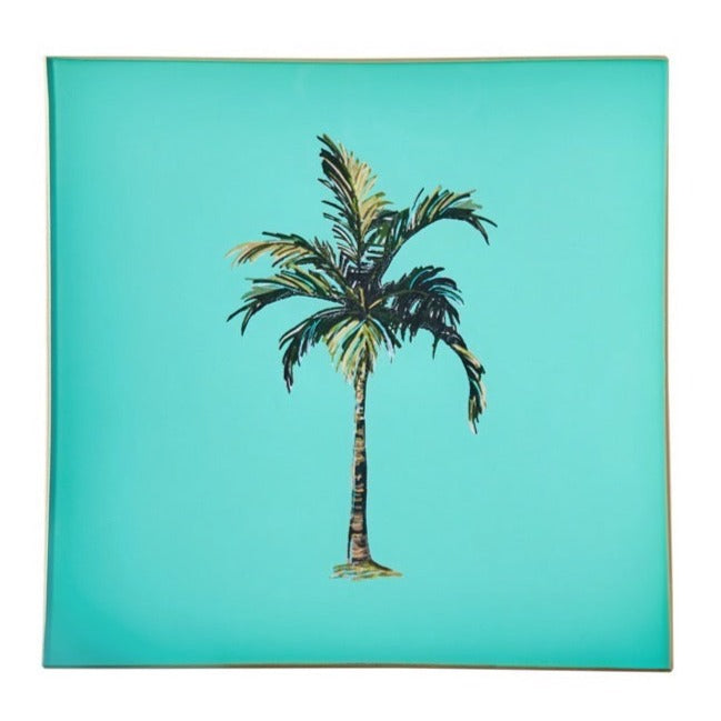 Hand-painted Turquoise Palm Tree Glass Tray