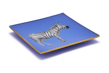 Load image into Gallery viewer, An artisanal, decorative glass valet tray with a zebra illustration on a cornflower blue background finished with an 18kt gold leaf edging